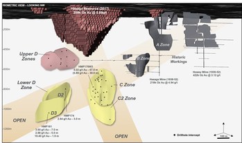 Figure 7: Isometric view showing the C and Lower D Zones down-plunge to the historical workings of Hasaga and Howey Mines. (CNW Group/Premier Gold Mines Limited)