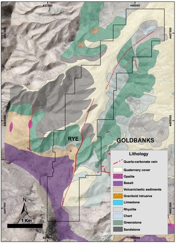 Figure 6: Geological map showing the extension of the Rye Vein and the vicinity to Goldbanks Property. (CNW Group/Premier Gold Mines Limited)