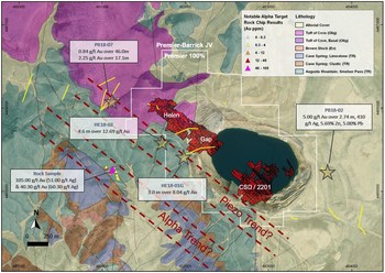 Figure 5: Geological map of the McCoy-Cove Project showing the Cove Carve Out (100% Premier) outline and the Piezo Trend and Alpha Trend. The red mineralized zones are from the PEA. The new exploration discoveries are highlighted with a star. (CNW Group/Premier Gold Mines Limited)