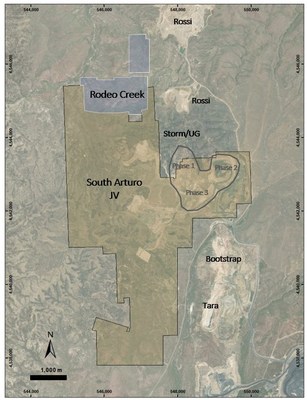 Figure 4: Property limits of Rodeo Creek (blue) and South Arturo (gold) showing the proximity of the near gold mines. (CNW Group/Premier Gold Mines Limited)