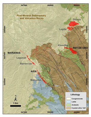 Figure 1: Mercedes regional geology map showing in red the principal gold-bearing veins. 2018 Target Areas are written in black and main deposits in grey. (CNW Group/Premier Gold Mines Limited)
