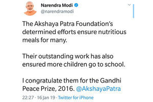 The Akshaya Patra Foundation Awarded the Prestigious Gandhi Peace Prize