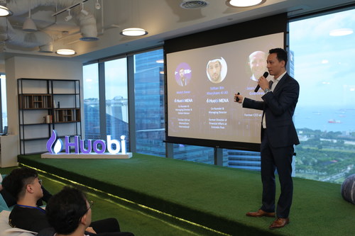 Chris Lee, CFO of Huobi Group, speaks at a Huobi event in Singapore