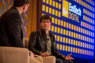Credit: MIT Technology Review - Pictured: Ian Goodfellow, Google, in conversation with Will Knight, MIT Technology Review at the publication’s EmTech Digital event in 2018