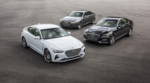 Genesis G70 (left front), G80 (right middle) and G90 (center rear) luxury performance sedans.
