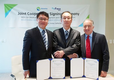 Pictured is SeYong Jang Gumi's Mayor, Dr. Ben Song the Director of GERI and Shawn Moaddeb the Founder & Chairman at Adventus Ventures as they commemorate the agreement signing.