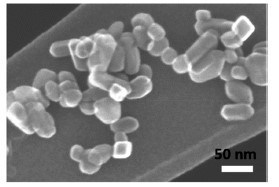 Electron microscope image of brookite particles (right). (PRNewsfoto/Tokai University)