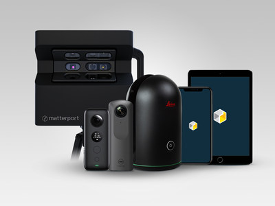 From left to right: Matterport’s Flagship Pro2 camera; compatible third-party spherical lens (360-degree) cameras Insta360™ ONE X and Ricoh Theta V; Leica Geosystems’ BLK360 laser scanner; iPhone and iPad showcasing Matterport Cloud 3.0 compatibility with all iOS devices.