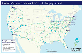 Electrify America highway stations will have a minimum of two 350 kW chargers per site, with additional chargers delivering up to 150kW. Charging dispensers at metro locations will have speeds up to 150 kW.