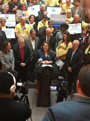 Compassion & Choices New York Campaign Director Corinne Carey speaking at state Capitol news conference to reintroduce Medical Aid in Dying Act and release WebMD/Medscape survey showing New York physicians strongly support this legislation (67% support vs. 20% oppose).