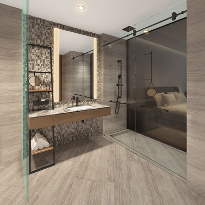 An artist rendering of a guestroom bathroom in the InterContinental Hotel, which will be part of the new Avenue Bellevue luxury residential and retail development in downtown Bellevue, Washington. For more information, visit www.liveatavenue.com.