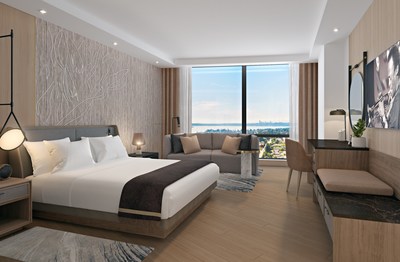 An artist rendering of a guestroom in the InterContinental Hotel, which will be part of the new Avenue Bellevue luxury residential and retail development in downtown Bellevue, Washington. For more information, visit www.liveatavenue.com.