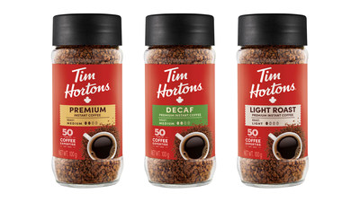 Ready to drink anywhere, Tim Hortons new rich, smooth and delicious instant coffee is made with Tim Hortons own blend of 100% Arabica coffee beans and available in Medium, Decaf and Light Roast. (CNW Group/Tim Hortons)