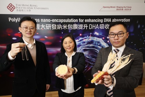 (From left) Dr Wang Yi, Assistant Professor of PolyU’s Department of Applied Biology and Chemical Technology (ABCT), Professor Wong Man-sau, Professor of ABCT, and Mr Gordon Cheung, Registered Dietitian and Project Fellow of PolyU’s Food Safety and Technology Research Centre, introduce the novel nano-encapsulation technology for enhancing DHA absorption. (PRNewsfoto/PolyU)