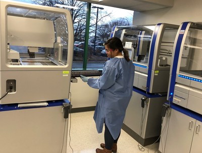 At QPS in Newark, Delaware, samples are loaded onto a QiaSymphony SP instrument for automated DNA extraction in the Extraction Room of the newly expanded Gene and Sequence Analysis suite. The extracted DNA will be tested for the presence of a viral vector used in a gene therapy trial to assess clearance of the vector.