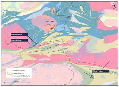 Figure 2. Geology map with D2 structures and Pacton Claims in Red Lake, Ontario (CNW Group/Pacton Gold Inc.)