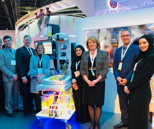 Children's Hospital of Philadelphia CEO and President Madeline Bell (third from right) showcases innovations at the Ministry of Health and Prevention Booth (MOHAP), at Arab Health in Dubai, the United Arab Emirates, January 31, 2019.