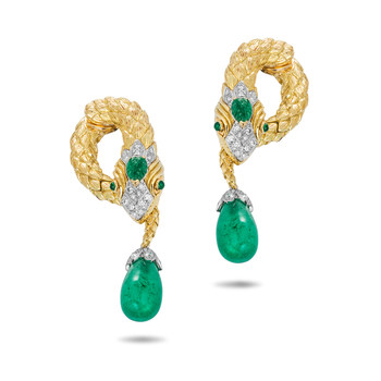 David Webb 18K Gold, Emerald, and Diamond Serpent Earrings David Webb 18K Gold, Emerald, and Diamond Serpent Earrings