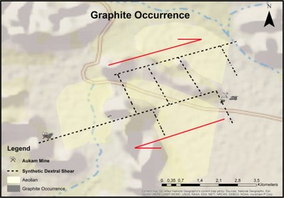 The following map displays the Synthetic Dextral Shear and the Graphite Occurrence at the Aukam Mine. (CNW Group/Gratomic)