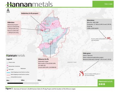 Figure 1 - Overview of Hannan's 35,444 hectare Claire Zn-Pb-Ag Project and the location of the Kilmurry target. (CNW Group/Hannan Metals Ltd.)