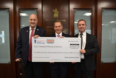 Robert H. Kurnick, Jr. (M), president of Penske Automotive Group, presents David Zurfluh (L), national president of Paralyzed Veterans of America and Carl Blake (R), executive director of Paralyzed Veterans of America, with a check for $1,063,877 raised through Penske Automotive Group's 2018 "Service Matters" campaign, to benefit Paralyzed Veterans of America.