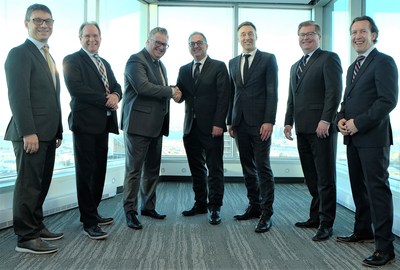 Left to right: Olivier Lafontaine, Chief Product Officer (Equisoft), Daniel Brisson, Executive Vice President, Vision & Innovation (AGEman), Nathan Carey, President (AGEman), Luis Romero, CEO (Equisoft), François Levasseur, Vice President, Canada (Equisoft), Ray Adamson, Vice President, Business Development (Equisoft) and Steeve Michaud, COO (Equisoft). (CNW Group/Equisoft)