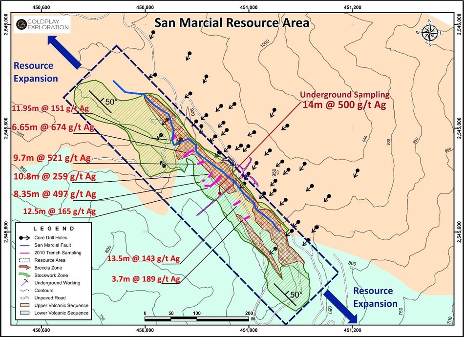 Figure 1  Location Breccia and Stockwork Zone in the San Marcial Resource Area (CNW Group/Goldplay Exploration Ltd)