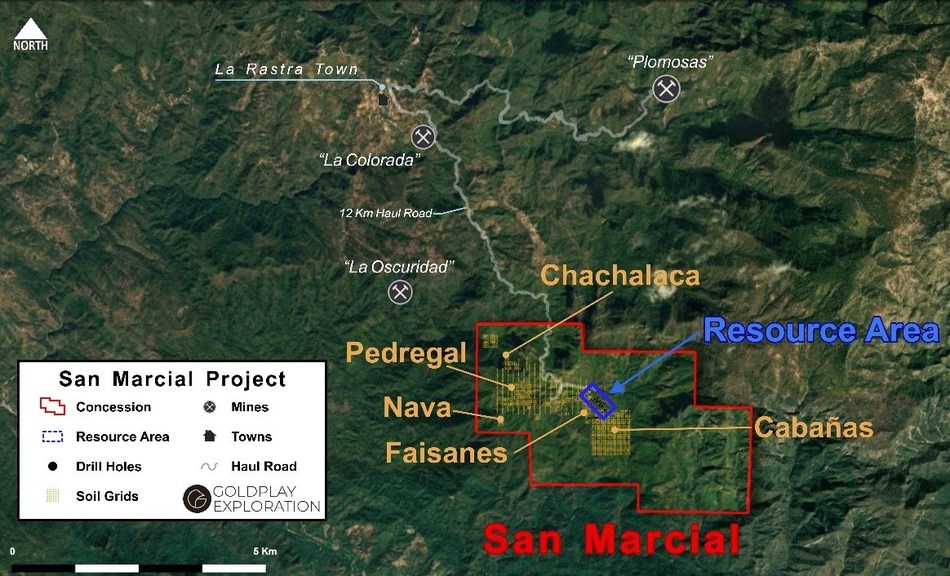 Figure 2  San Marcial - Location of Resource Area and New Targets Inside Concession (CNW Group/Goldplay Exploration Ltd)