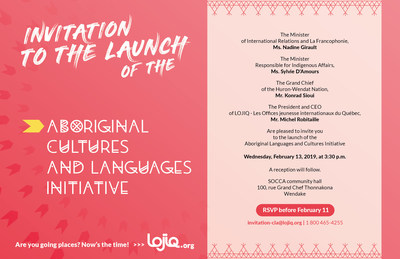 Invitation to the launch of the Aboriginal Cultures and Languages Initiative (CNW Group/Les Offices jeunesse internationaux du Qubec)