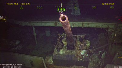 A five-inch gun from historic USS Hornet wreckage, which was discovered in January 2019 by the late Paul G. Allen's expedition crew aboard the Research Vessel Petrel. Photo courtesy of Paul G. Allen's Vulcan Inc.