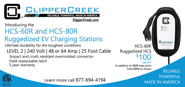 "ClipperCreek's standard products are very robust, all have NEMA 4 rated enclosures for indoor or outdoor installs. The overmolded ruggedized SAE-J1772TM connector takes our already tough products to another level," said Will Barrett, Director of Sales.