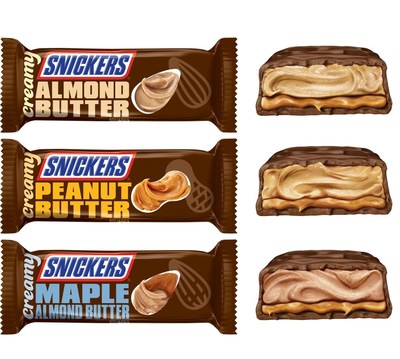 New Creamy SNICKERS® replace the signature crunch in a SNICKERS® Bar with three smooth nut butter varieties including Almond Butter, Peanut Butter and Maple Almond Butter.