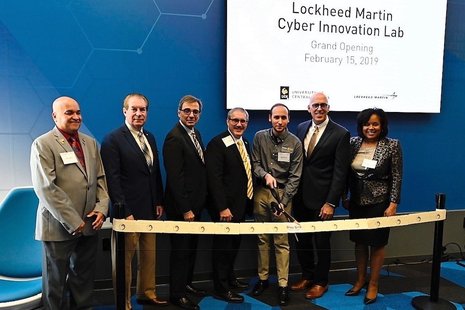 Lockheed Martin and the University of Central Florida (UCF) opened the new Cyber Innovation Lab. L to R: John Cortez, Florida Representative; Tom Wright, Florida State Senator; Michael Georgiopoulis, Dean, College of Engineering and Computer Science; Frank St. John, Executive Vice President, Lockheed Martin; David Maria, President, Hack@UCF; Thad Seymour, Vice President, Partnerships, UCF; Stephanie Hill, Deputy Executive Vice President, Lockheed Martin.