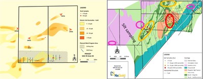 Figure 1: Locations of proposed activities; silt sampling on new grants, gridded soils (orange), soils/air core/RAB (red), and trenching (magenta) leading to potential further mid-year drilling. (CNW Group/NxGold Ltd.)