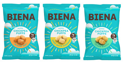 Biena reinvents the cheese puff with launch of new Chickpea Puffs in three delicious flavors, including Blazin' Hot™, Aged White Cheddar and Vegan Ranch. Each flavor has 7g plant protein and up to 40% fewer carbs than other puffed snacks.