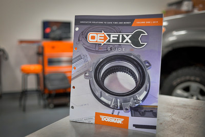Photo of Dorman's new OE FIX Guide, which tells the stories behind dozens of OE FIX products, showing how Dorman engineers diagnosed failure points in original designs, and found ways to simplify replacement or make upgrades to increase performance and reliability.