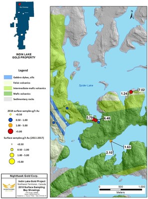 Figure 6. Bay Showings Location Map and Select Surface Sample Results (CNW Group/Nighthawk Gold Corp.)