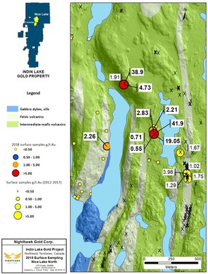 Figure 3. Nice Lake North Sample Location Map and Select Surface Sample Results (CNW Group/Nighthawk Gold Corp.)