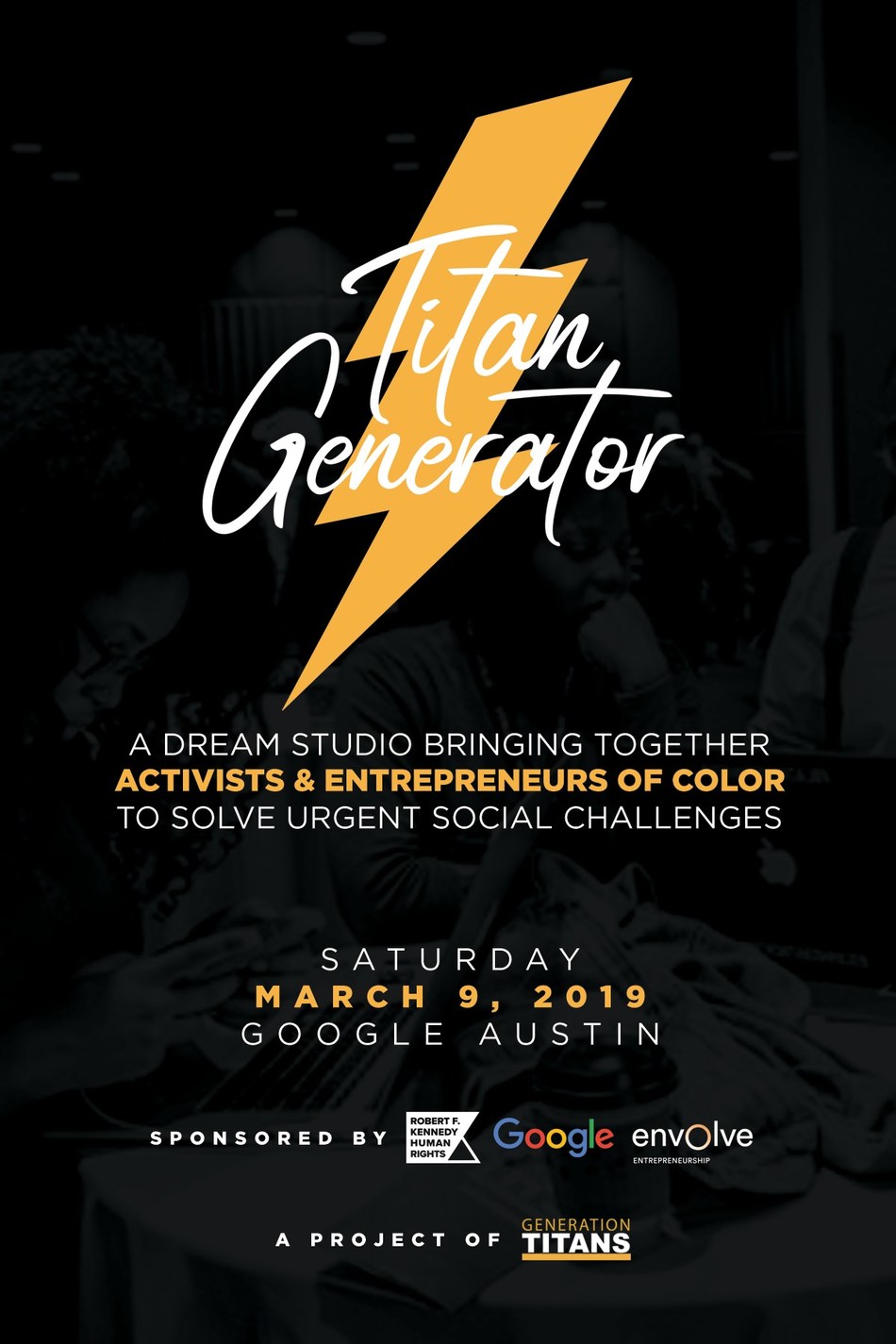 The Titan Generator event will take place on Saturday March 9 at Google Austin (PRNewsfoto/Generation Titans)