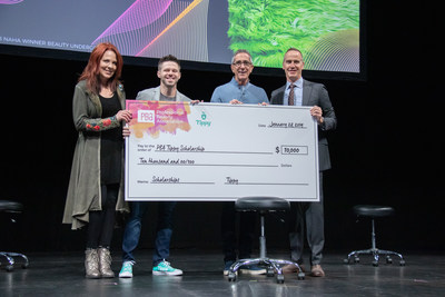 PBA Salon and Spa Advisory Council Member Bonnie Conte, Tippy CIO/Founder Terry McKim, Tippy CEO David Tashjian and PBA Executive Director Steve Sleeper during the Tippy $10,000 check presentation at PBA’s International Salon + Spa Expo in January.