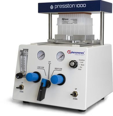 Phenomenex introduces Presston™ 1000 Positive Pressure Manifold for 96-well plate sample preparation processing to be used as an advanced alternative to traditional vacuum manifold processing. This positive pressure manifold is designed to streamline your sample preparation process with pneumatic handling, consistent flow rates, increased safety, and its easy-to use system.