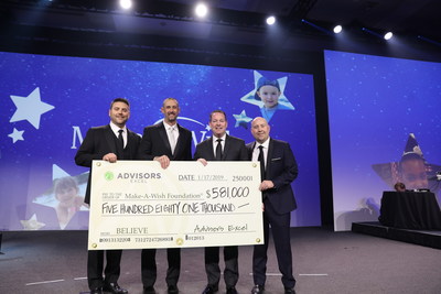 Advisors Excel Founders Derek Thompson, David Callanan and Cody Foster present check to Make-A-Wish President and CEO Richard K. Davis at recent fundraising event.