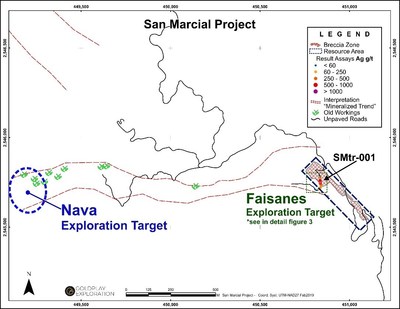 Figure 2 San Marcial - Location of the Nava-Faisanes Targets and Trench SMtr-001 (CNW Group/Goldplay Exploration Ltd)