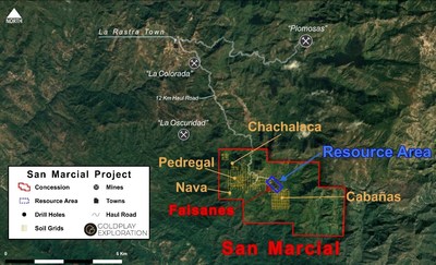 Figure 1 San Marcial - Location of Resource Area and New Targets Inside Concession (CNW Group/Goldplay Exploration Ltd)