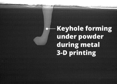 This image, taken under the synchrotron at Argonne National Laboratory, shows a keyhole void forming during the metal 3-D printing process. During laser powder bed fusion, a 3-D printer “drills” a hole into the metal.