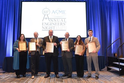 Honored at the ASME Engineers of the Year Awards on February 21, 2019 were (l-r) Pratt & Whitney’s Lisa Brasche; Brad Sammann; Jim Becker; Bill Lamberti (VP Engineering Chris Kmetz holding his award); Meggan Harris; and Sean McCutchan. Honored at the ASME Engineers of the Year Awards on February 21, 2019 were (l-r) Pratt & Whitney’s Lisa Brasche; Brad Sammann; Jim Becker; Bill Lamberti (VP Engineering Chris Kmetz holding his award); Meggan Harris; and Sean McCutchan.