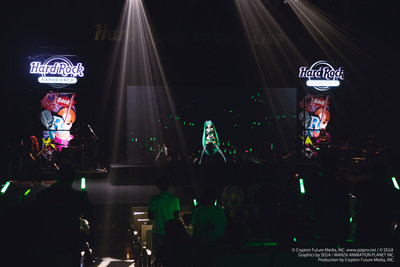 Hatsune Miku performs at the Hard Rock Family Live concert on Feb. 6, 2019, at Sapporo's Public Concert Hall in Hokkaido, Japan. Miku was part of Hard Rock Family Live - a four-day concert series held during this year's Sapporo annual Snow Festival week. (Hard Rock Japan) Crypton Future Media, INC. BanG Dream! Project Craft Egg Inc. bushiroad All Rights Reserved