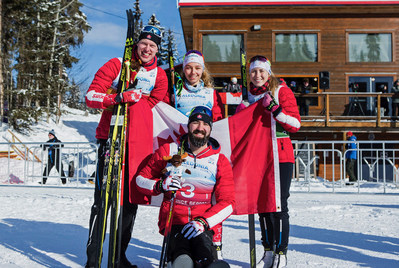 Mark Arendz, Natalie Wilkie, Emily Young, and Collin Cameron teamed up to win silver in the mixed relay at the 2019 World Para Nordic Skiing Championships. PHOTO: Canadian Paralympic Committee (CNW Group/Canadian Paralympic Committee (Sponsorships))