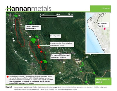 Figure 1 - Hannan's claim applications at the San Martin sediment hosted Cu-Ag project. In combination the total application area now covers 29,800ha and provides Hannan with control of an area exceeding 51km of strike and up to 7km width over two anticlinal trends. (CNW Group/Hannan Metals Ltd.)