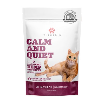 Therabis Calm and Quiet is a CBD-infused soft-chew cat treat that promotes stress relief. (CNW Group/Dixie Brands, Inc.)